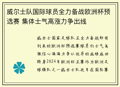 威尔士队国际球员全力备战欧洲杯预选赛 集体士气高涨力争出线