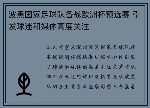 波黑国家足球队备战欧洲杯预选赛 引发球迷和媒体高度关注