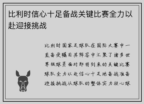 比利时信心十足备战关键比赛全力以赴迎接挑战