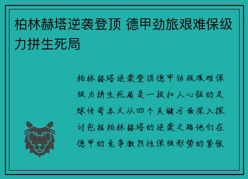 柏林赫塔逆袭登顶 德甲劲旅艰难保级力拼生死局