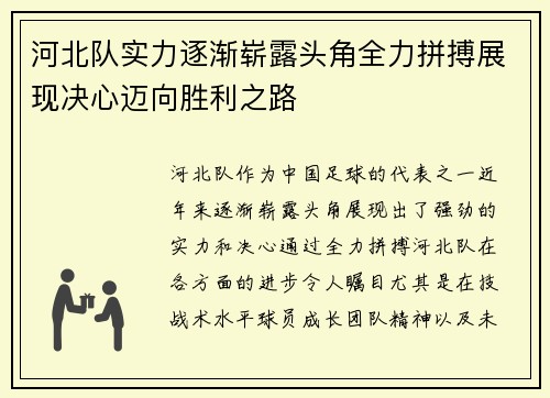 河北队实力逐渐崭露头角全力拼搏展现决心迈向胜利之路