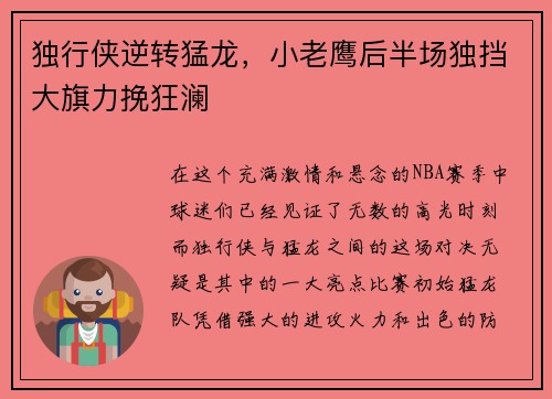 独行侠逆转猛龙，小老鹰后半场独挡大旗力挽狂澜