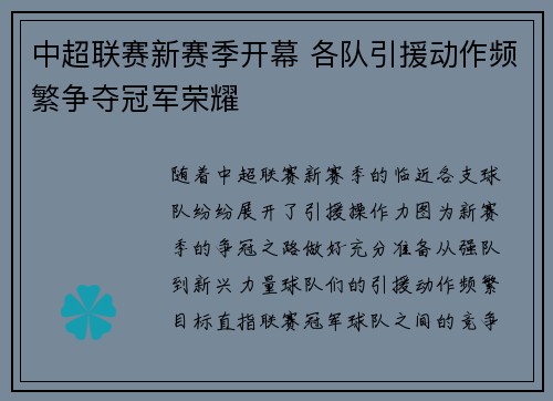 中超联赛新赛季开幕 各队引援动作频繁争夺冠军荣耀
