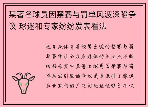 某著名球员因禁赛与罚单风波深陷争议 球迷和专家纷纷发表看法