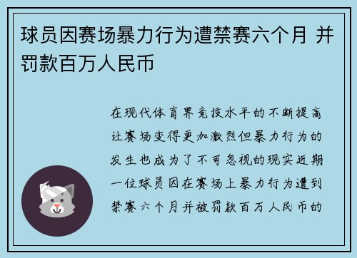 球员因赛场暴力行为遭禁赛六个月 并罚款百万人民币