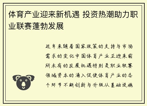 体育产业迎来新机遇 投资热潮助力职业联赛蓬勃发展
