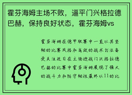 霍芬海姆主场不败，逼平门兴格拉德巴赫，保持良好状态，霍芬海姆vs