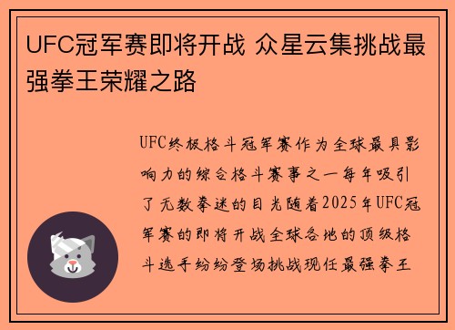 UFC冠军赛即将开战 众星云集挑战最强拳王荣耀之路
