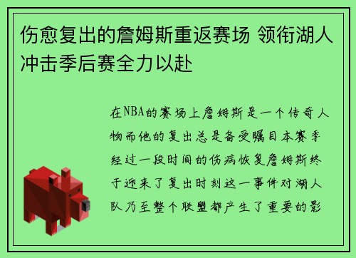 伤愈复出的詹姆斯重返赛场 领衔湖人冲击季后赛全力以赴
