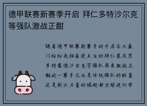 德甲联赛新赛季开启 拜仁多特沙尔克等强队激战正酣
